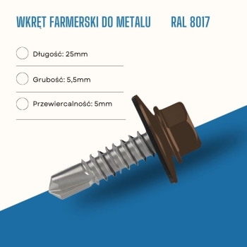 Wkręt farmerski do metalu 5,5X25 mm przewiercalność 5 mm w kolorze RAL 8017